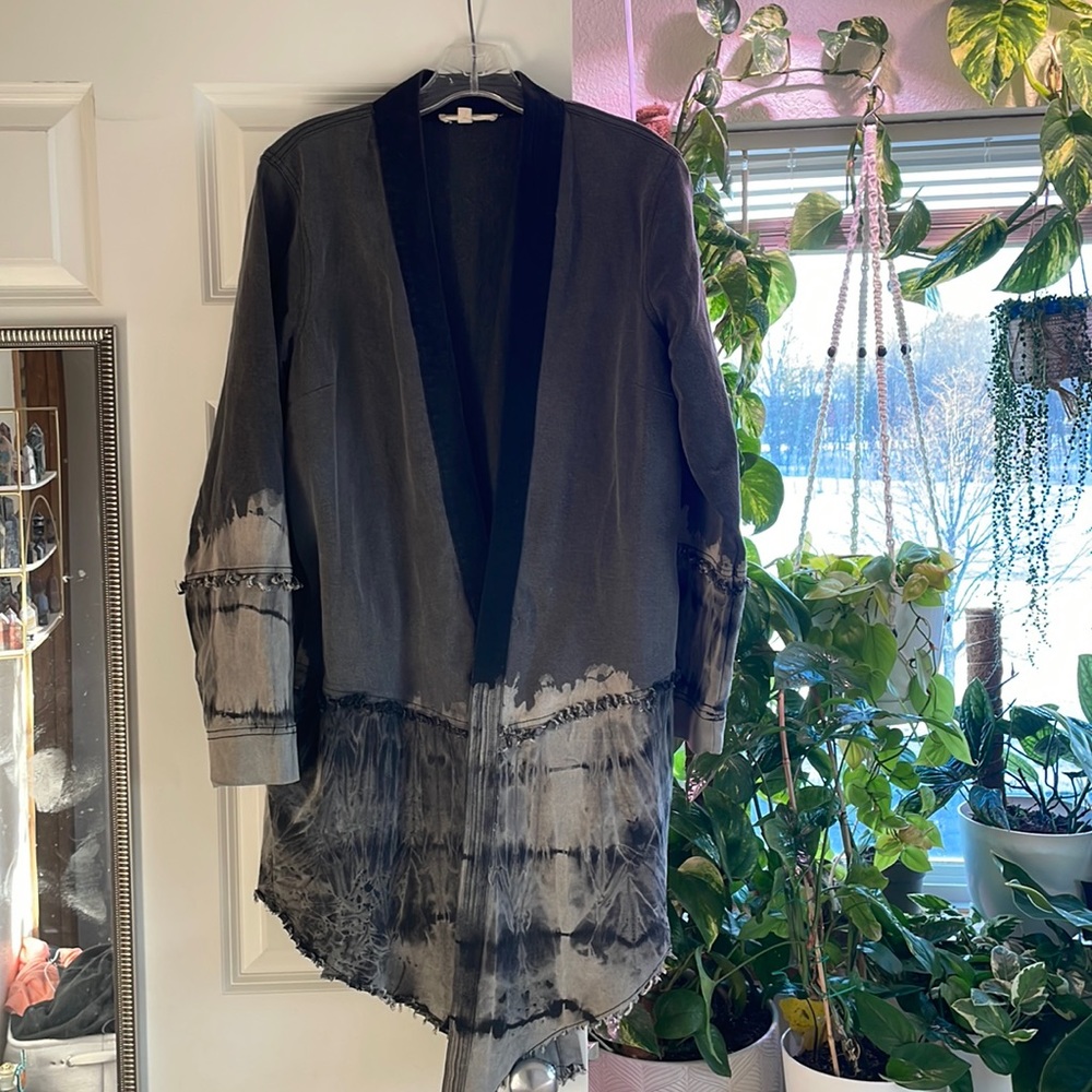 Black jean jacket, distressed, fringe, bleach wash,Tye Dye,Indigo Thread Co.